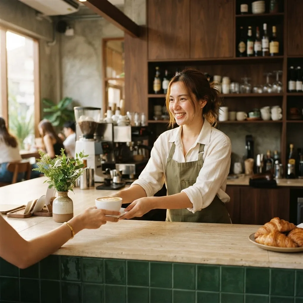 A barista hands a coffee across the counter of a small café